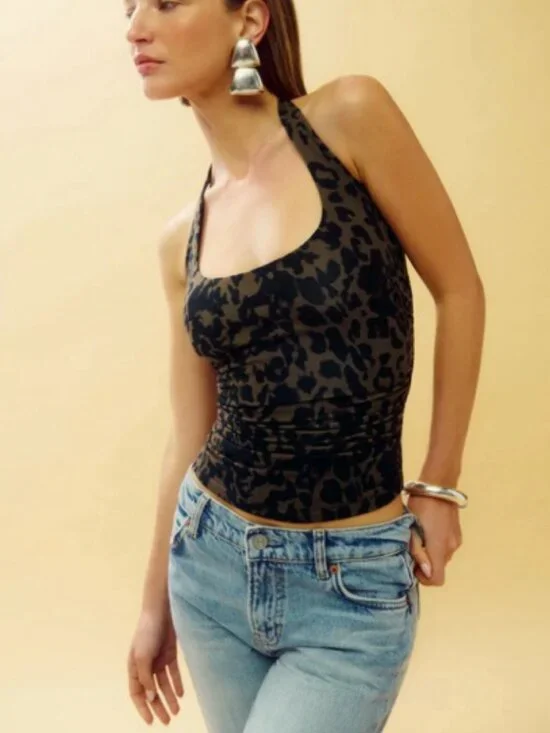 NWOT Reformation Molly Halter Top Leopard Print Ruched Tank M/L Coachella Summer - Picture 2 of 6